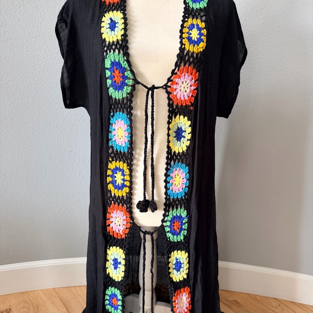 Elan Black Maxi Swim Cover-Up with Multicolor Crochet Trim - Picture 5 of 11